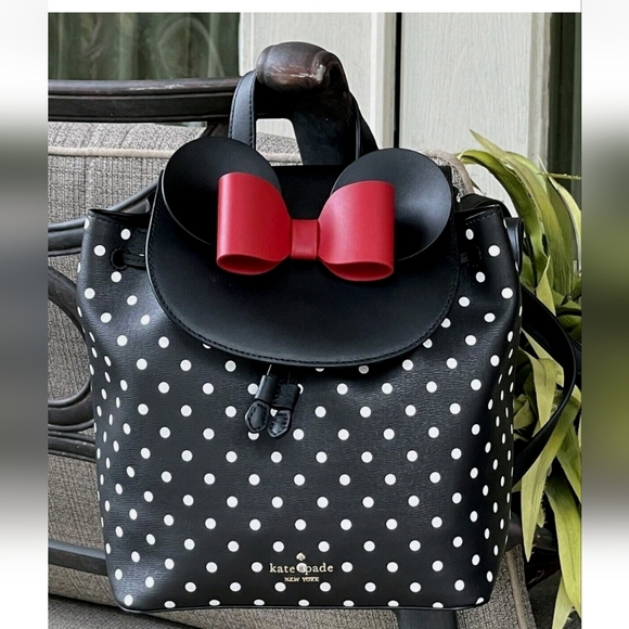 KATE SPADE DISNEY MINNIE MOUSE BACKPACK BLACK WHITE POLKA DOT LEATHER RED BOW - Picture 4 of 9